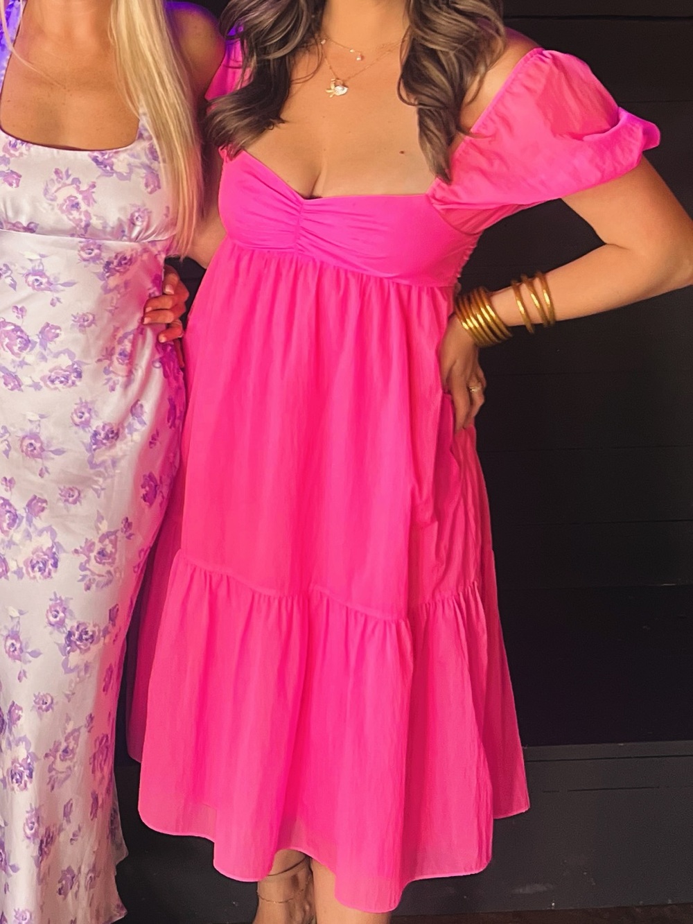 Amanda Uprichard Pink Tiered Dress with Puff Sleeves